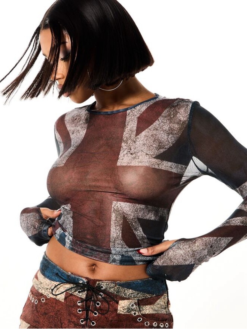 NWT Sumwon Mesh Sheer Crop Top With Distressed Grunge British / UK Flag Print.